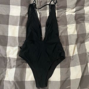 Aerie Deep V Black One Piece Swimsuit - Small